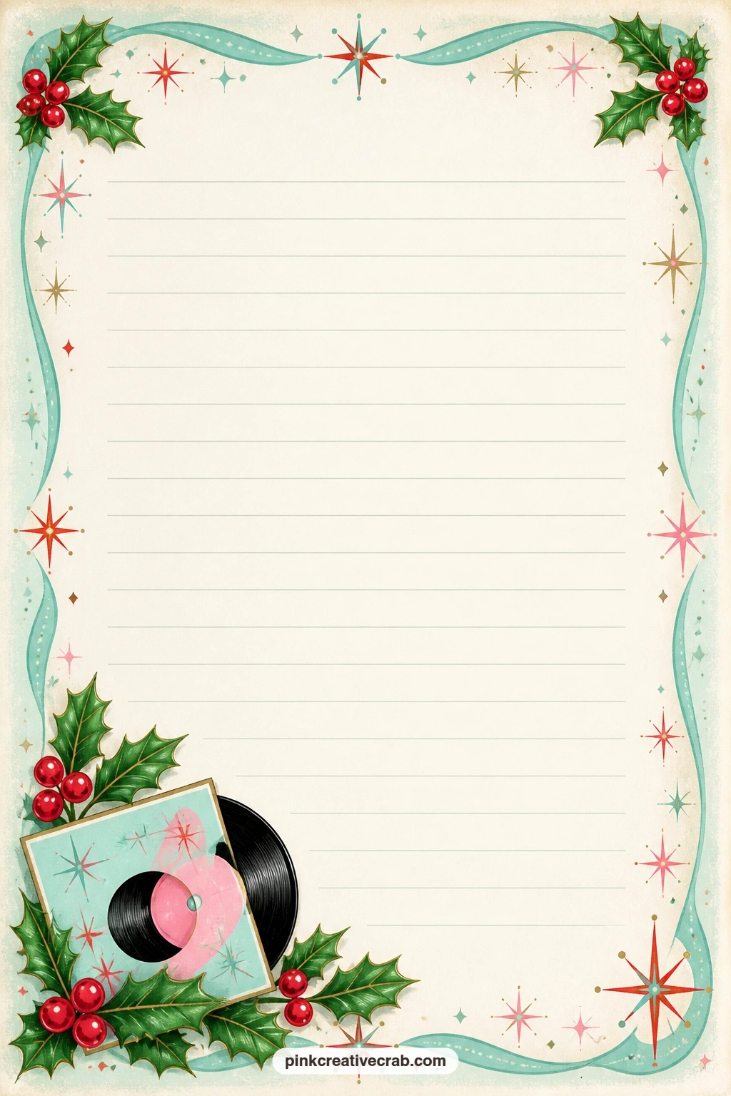 Record And Holly Corner Lined Page printable page — A record sleeve and a sprig of holly tuck into one corner of the page, leaving faint ruled lines free for