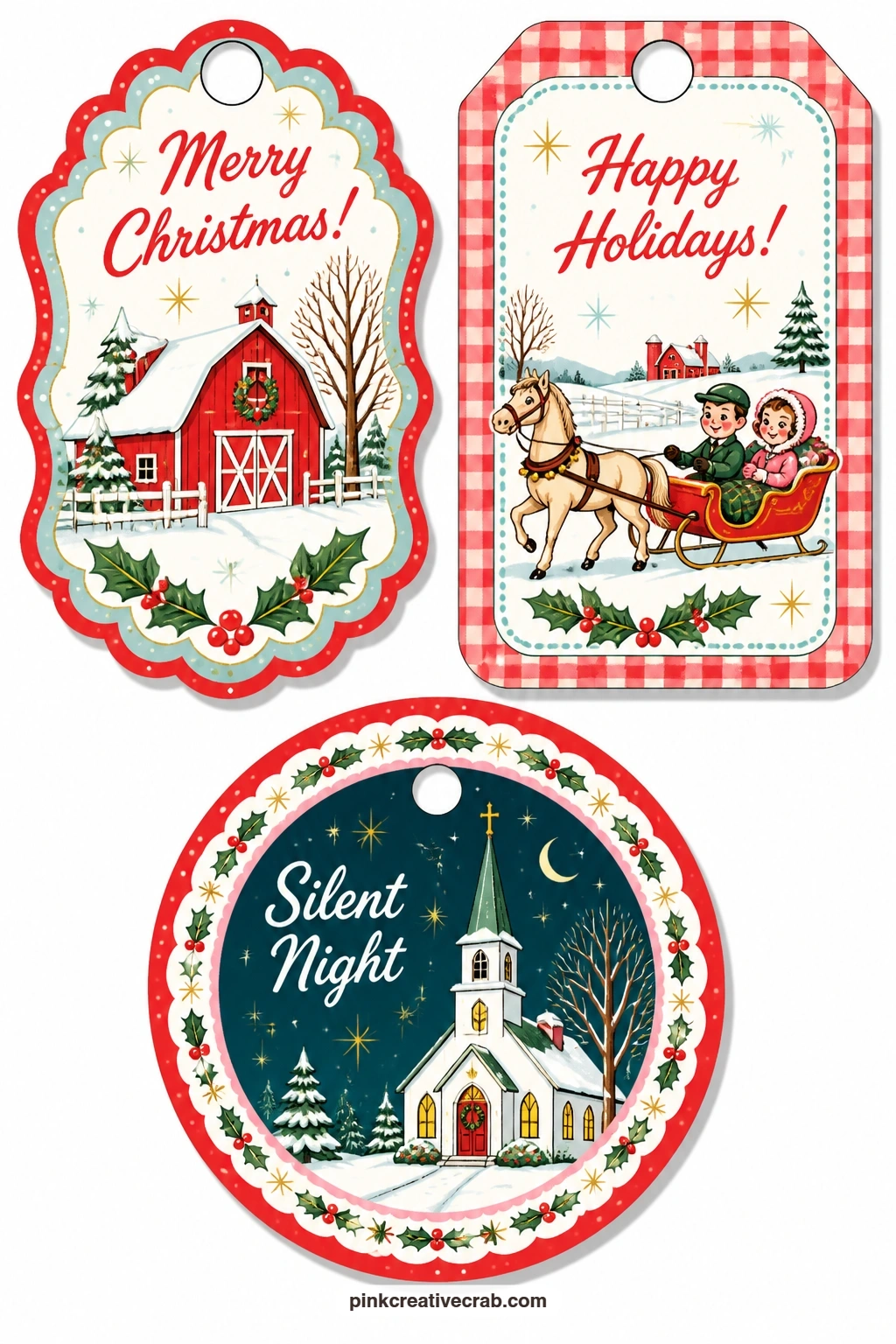 Red Barn Christmas Tags printable page — Open the set with a little red barn asleep in snow, a horse-drawn sleigh gliding past bare trees, and a church steeple