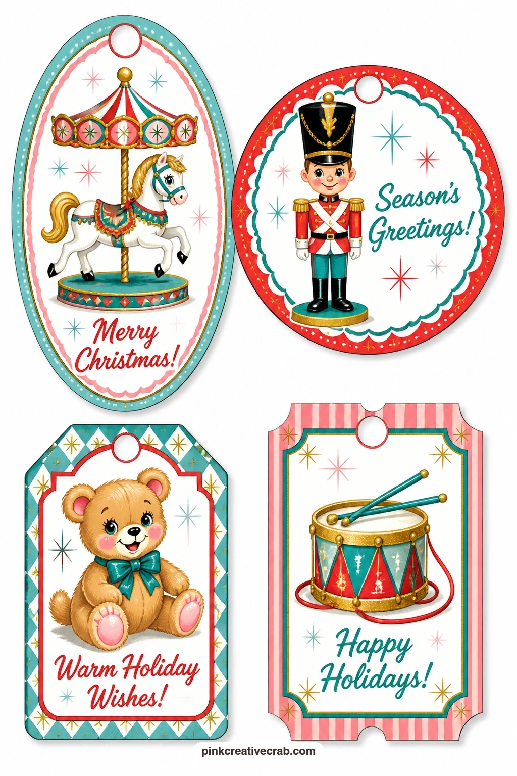 Carousel and Toy Shop Tags printable page — This sheet leans into an old toy shop window: a carousel horse mid-gallop, a toy soldier standing guard, a soft