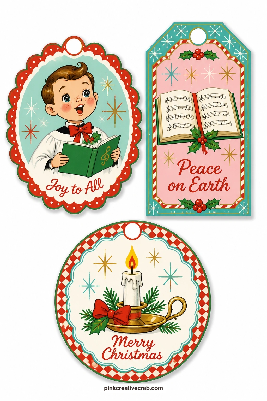 Carol Singers Tags printable page — A choir boy mid-carol, an open hymn book and a candle glowing in a brass holder set a quieter, more reverent tone than the