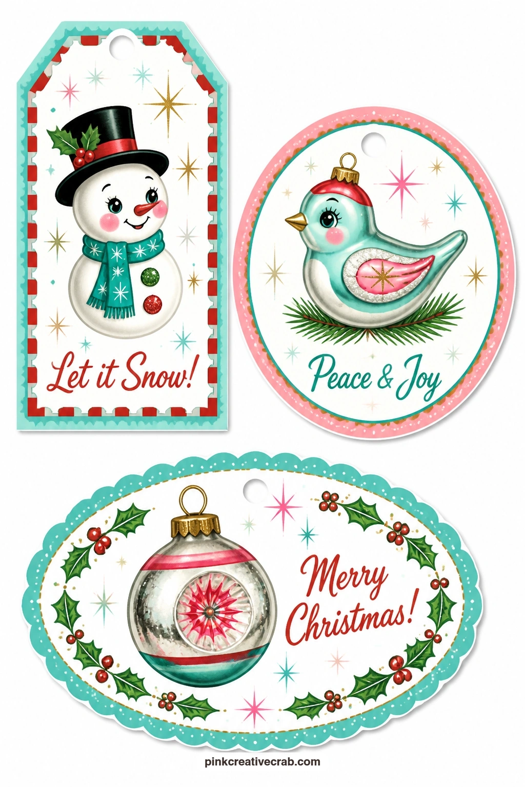 Mercury Glass Ornament Tags printable page — A snowman postage stamp, a glass bird ornament and a mercury glass ball bring in the shine of old tree
