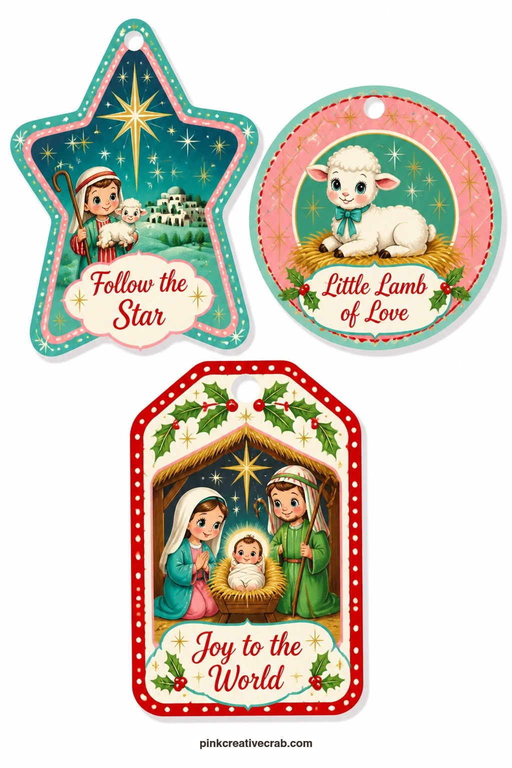 Nativity Story Tags printable page — The shepherd star, a gentle lamb and a quiet manger scene form the one sheet in the set with a star-shaped tag, which