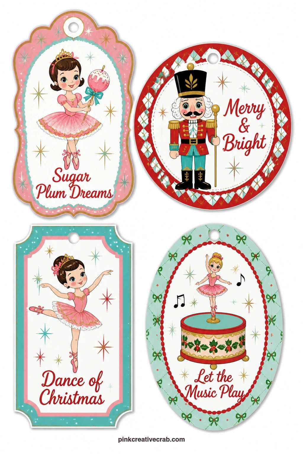 Nutcracker Ballet Tags printable page — Sugar plums, a nutcracker in uniform, a ballerina mid-pose and a tiny music box bring the whole set a theatrical lift