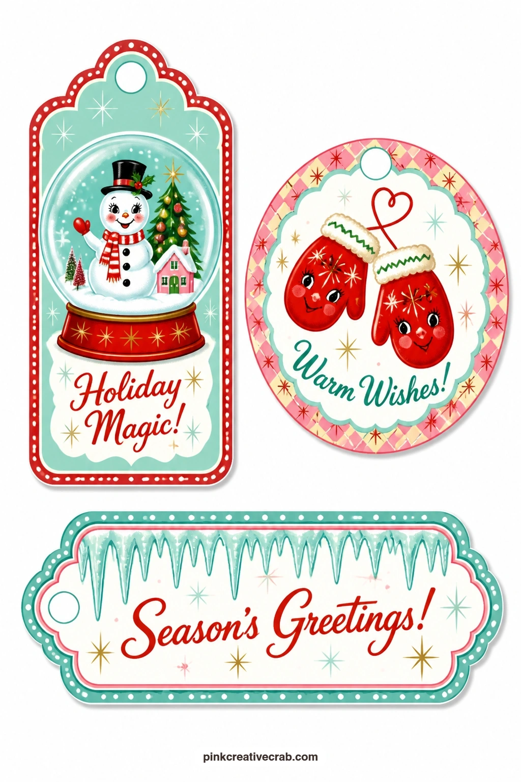 Snow Globe and Mittens Tags printable page — Snow globes, red mittens and icicles turn up cold and bright on this sheet, and the long icicle label fits neatly