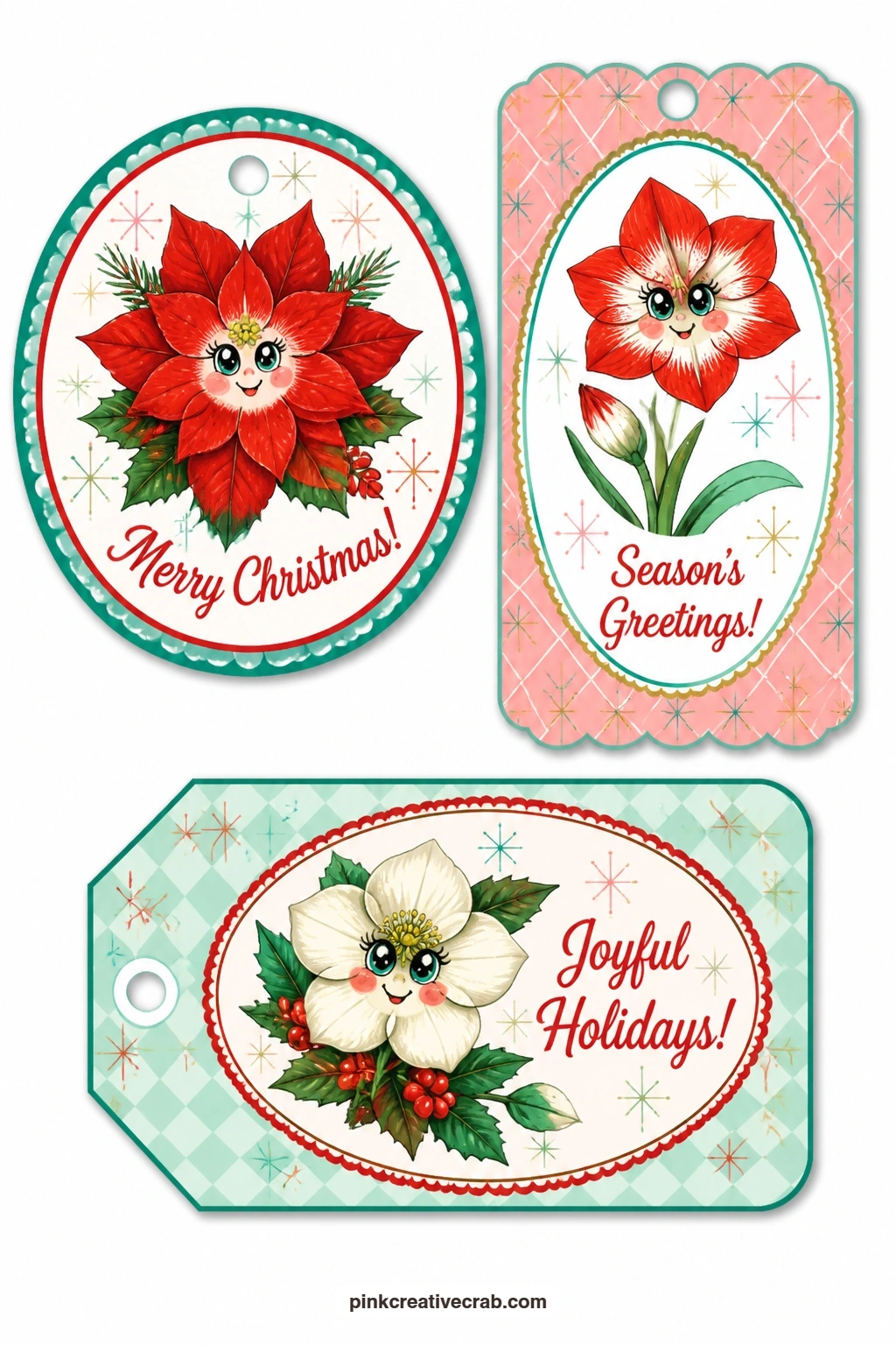 Winter Flower Tags printable page — Poinsettia, amaryllis and Christmas rose give the set its one purely botanical sheet, a soft break from sleighs and snowmen