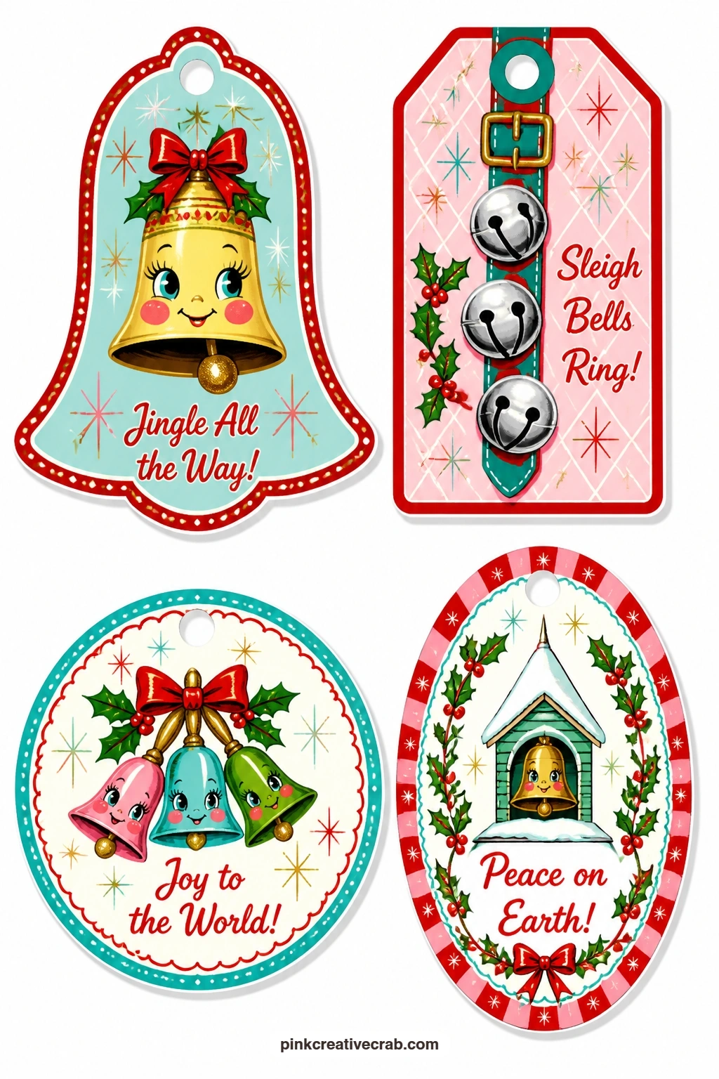 Bells and Chimes Tags printable page — A gold bell, a sleigh bell strap, a cluster of handbells and a church bell cover every kind of bell the season rings