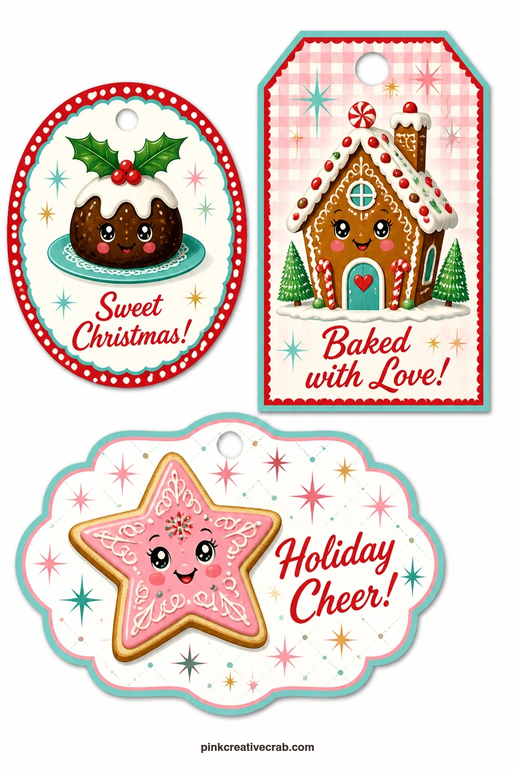 Holiday Baking Tags printable page — Plum pudding, a gingerbread house and a star-shaped cookie round out a baking theme perfect for gifts of homemade treats