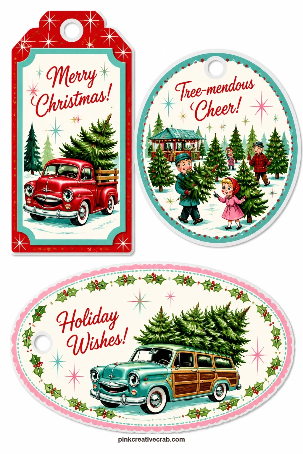 Christmas Tree Lot Tags printable page — A red truck hauling a tree, a cheerful tree lot and an old wood-panel wagon loaded with firs bring the sheet outdoors
