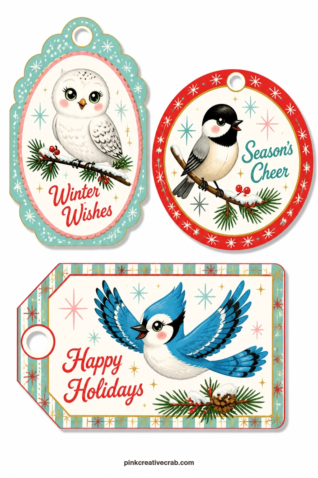 Winter Birds Tags printable page — A snowy owl, a chickadee on a branch and a blue jay in flight give the set its only all-bird sheet, light and bright against