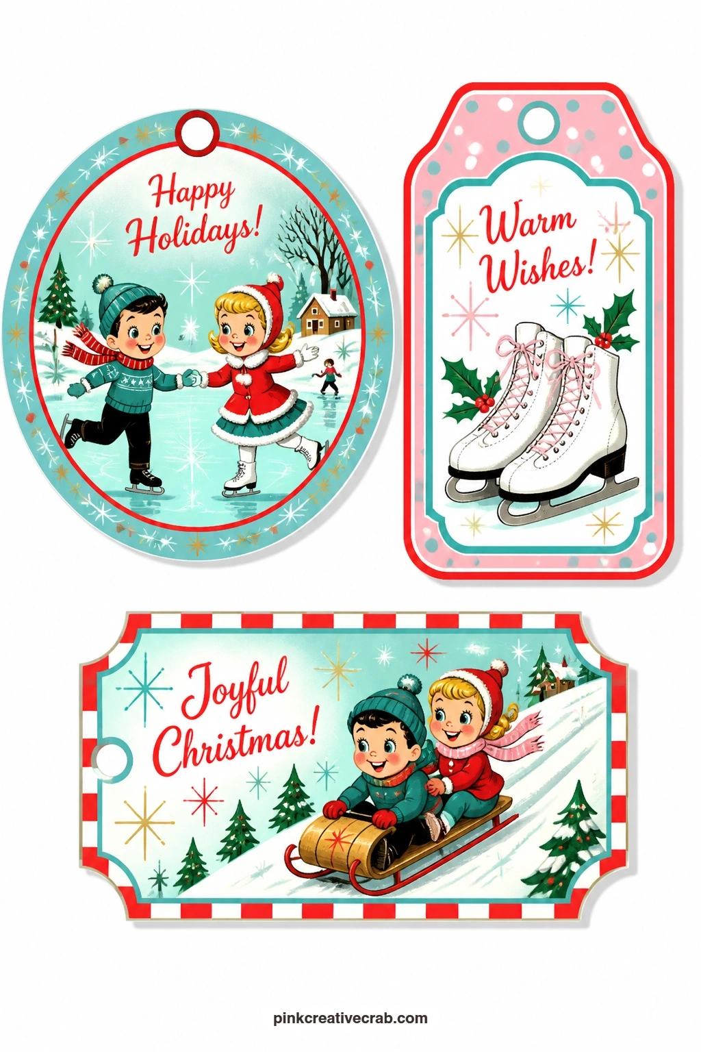 Skating Pond Tags printable page — A frozen skating pond, a pair of ice skates and a toboggan mid-slide capture the outdoor side of a 1950s Christmas card, the