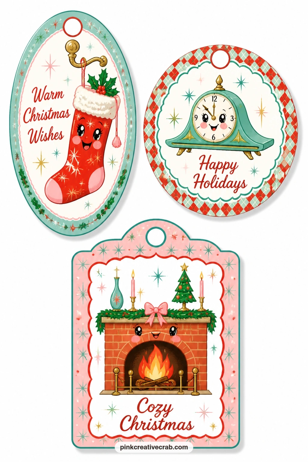 Fireside Evening Tags printable page — A stocking on a hook, a mantel clock ticking toward midnight and a glowing fireplace bring the set indoors for a cosy