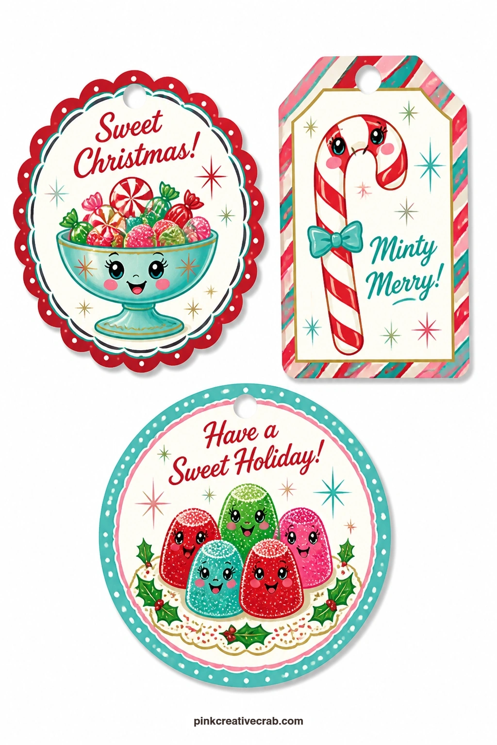 Candy Dish Tags printable page — A candy dish piled high, a striped peppermint stick and a handful of gumdrops make this the sweetest-looking sheet in the