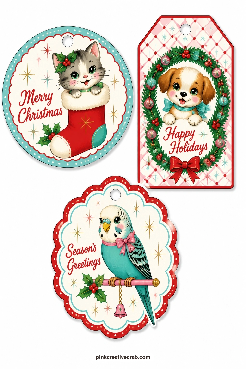 Pets in Stockings Tags printable page — A kitten peeking from a stocking, a puppy tucked in a wreath and a parakeet perched happily give the set its softest