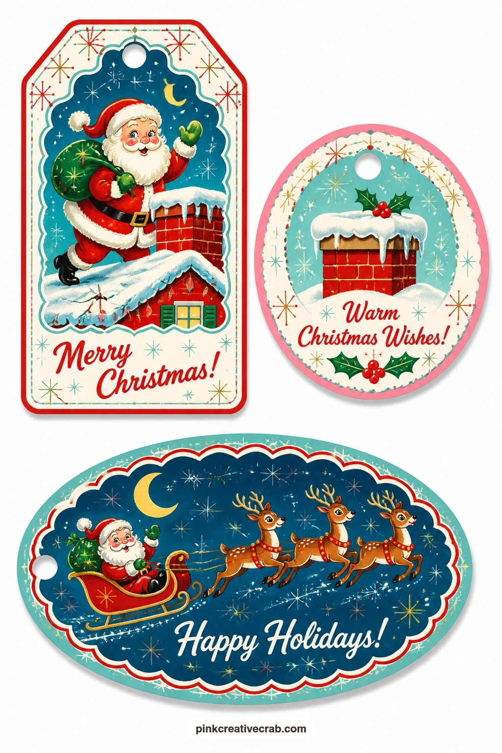 Santa on the Rooftop Tags printable page — Santa balanced on a rooftop, a snowy chimney waiting below and reindeer caught mid-flight bring the classic Santa