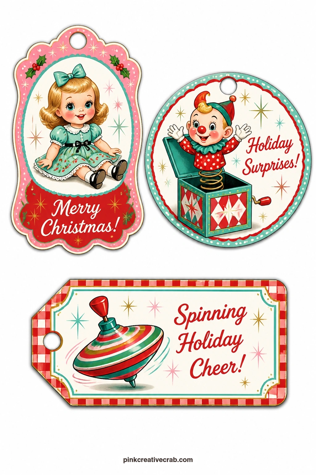 Vintage Toy Box Tags printable page — A vintage doll, a jack-in-the-box mid-pop and a spinning top caught in motion round out the toy theme with a slightly