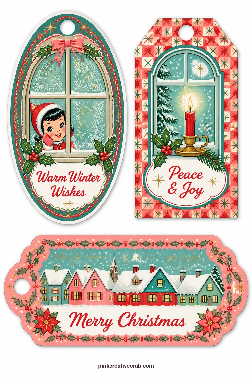 Frosted Window Tags printable page — A frosted window pane, a candle glowing in a window and snowy rooftops stretching into the distance close out the quieter