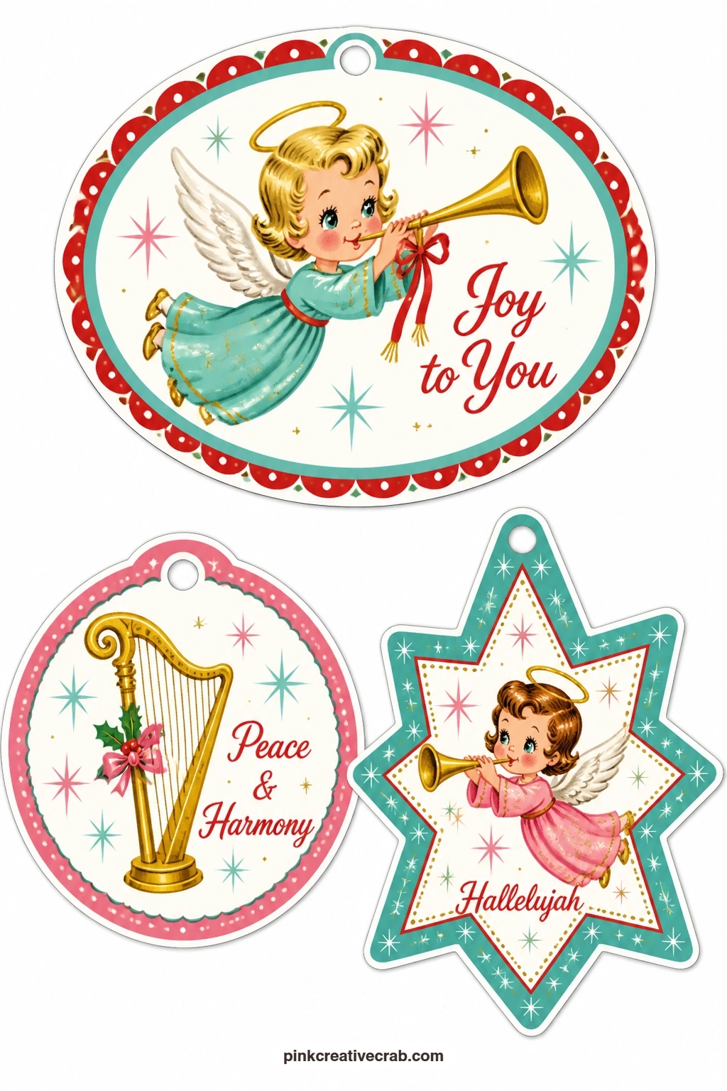 Trumpeting Angel Tags printable page — An angel playing a trumpet, a golden harp and a halo-shaped star close the whole set on its most celestial note, and