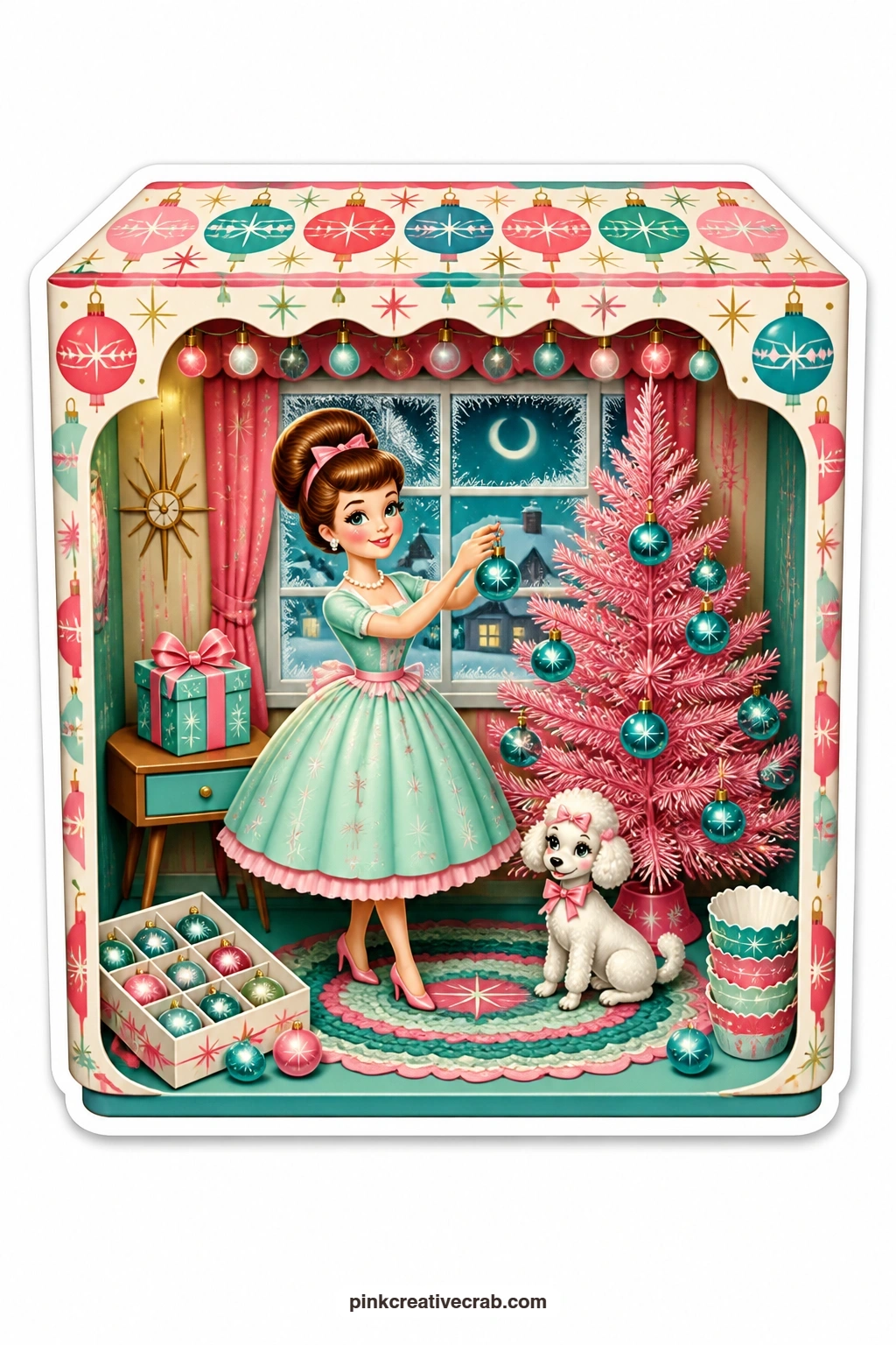 The Shiny Brite Tree Box printable page — Picture the card this one makes for a friend who still hangs her grandmother's glass baubles: an ornament box opened