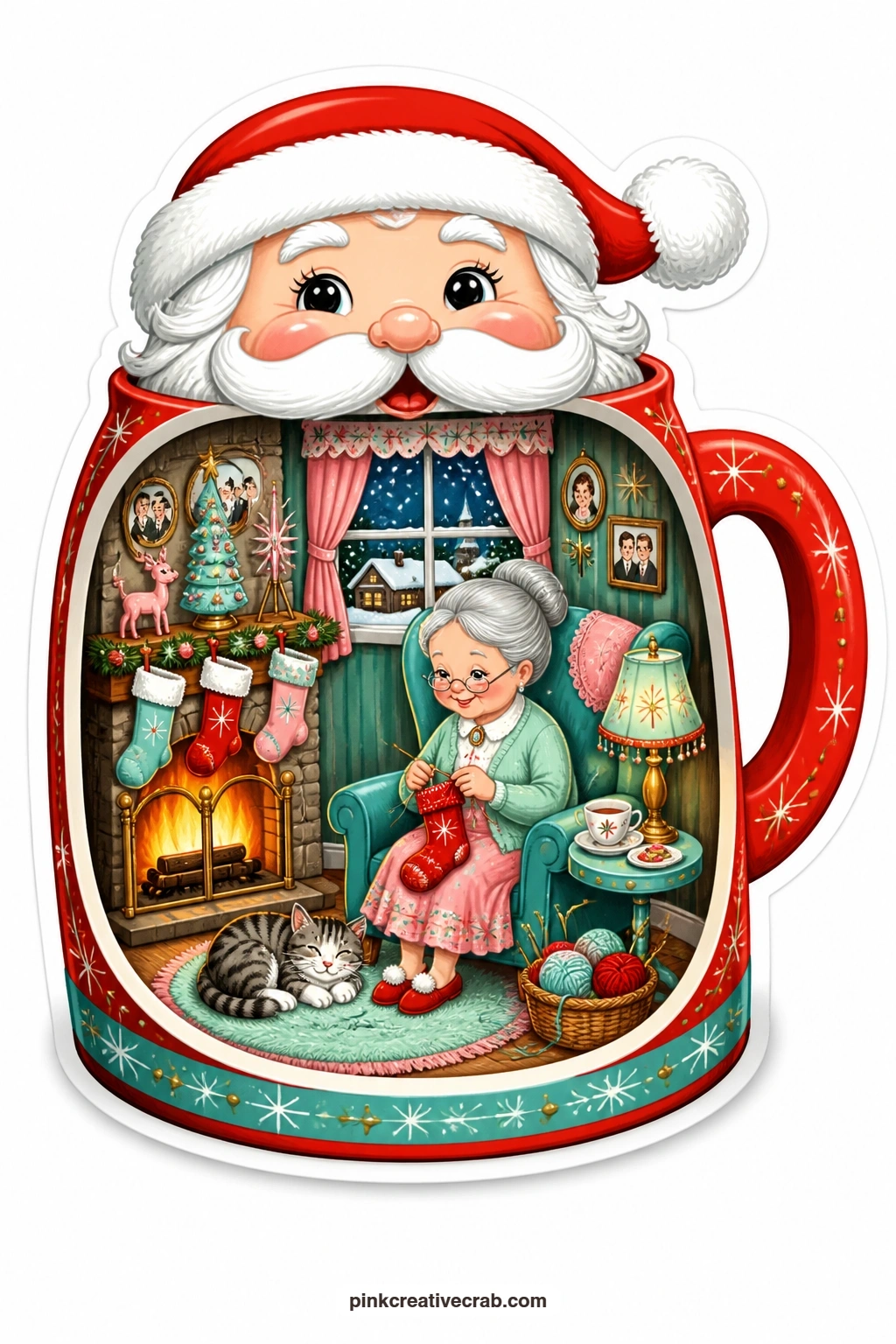 The Santa Mug Fireside printable page — warms up fast as a card for a grandmother or great-aunt: a Santa-faced mug opened like a cosy little room, an elderly