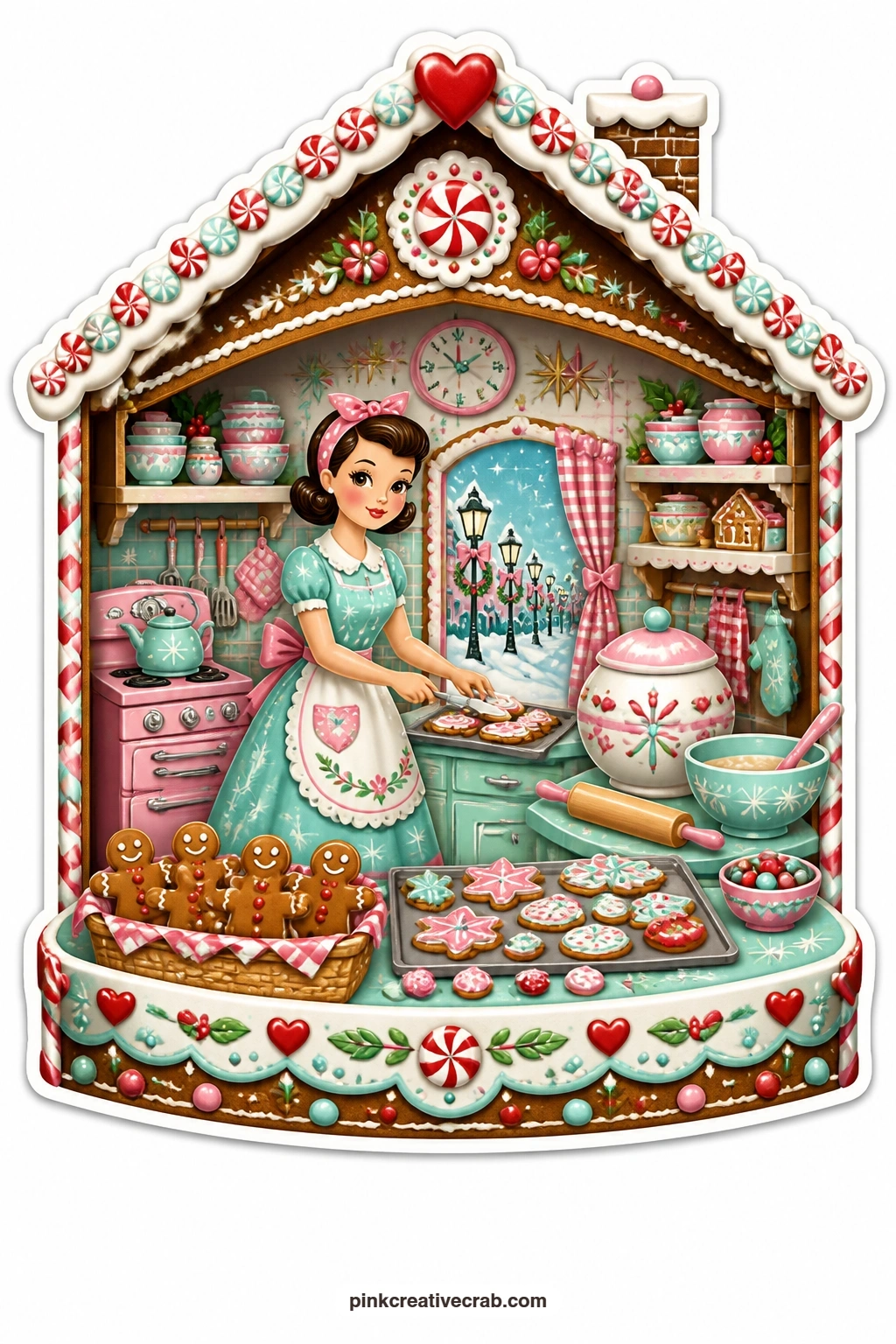The Gingerbread Kitchen printable page — pairs naturally with a baking-themed journal spread, since it shows a housewife frosting cookies at a pastel stove