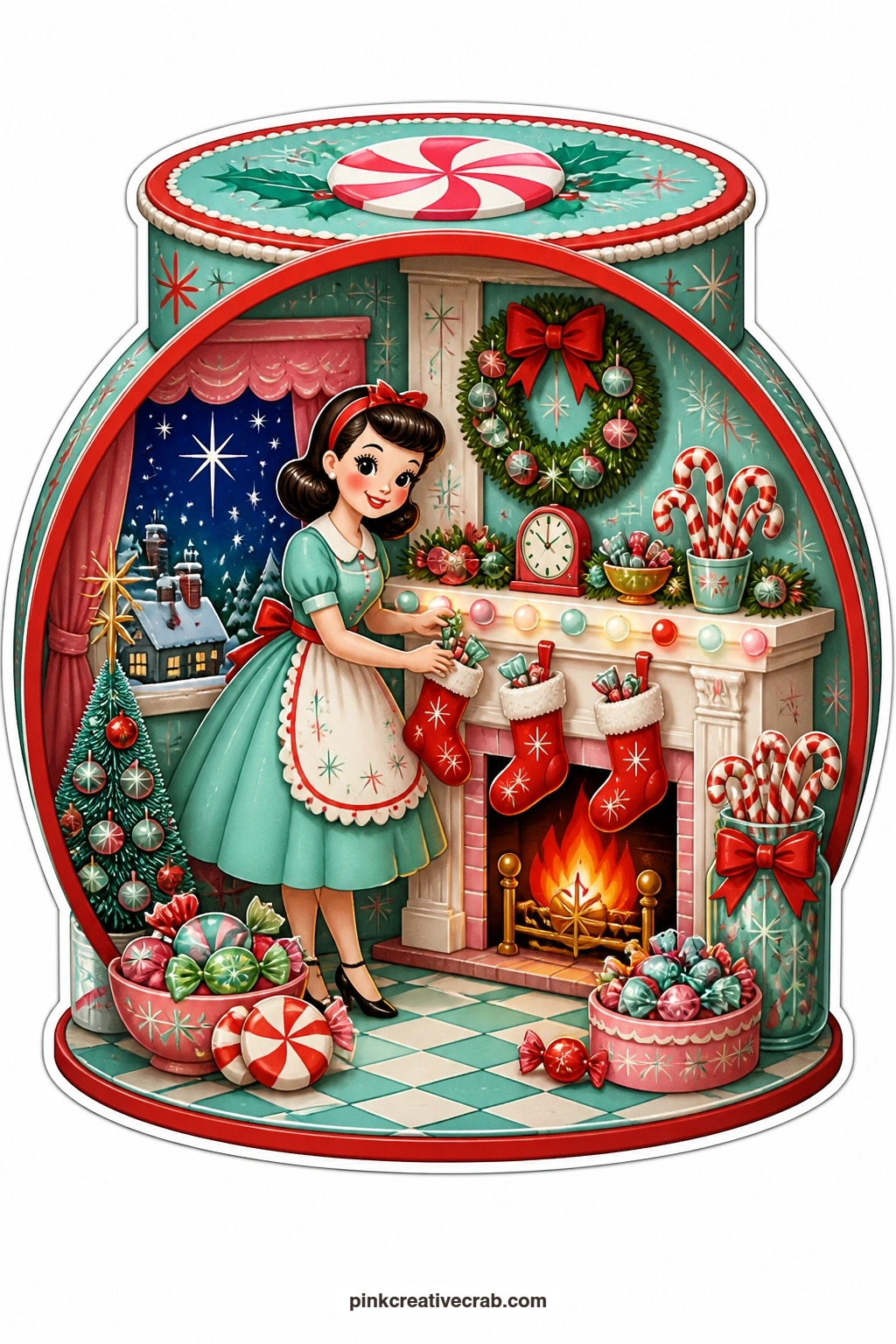 The Candy Tin Mantel printable page — works beautifully raised on foam dots over a strip of lace on a cream card base: a candy tin opened at the front shows a