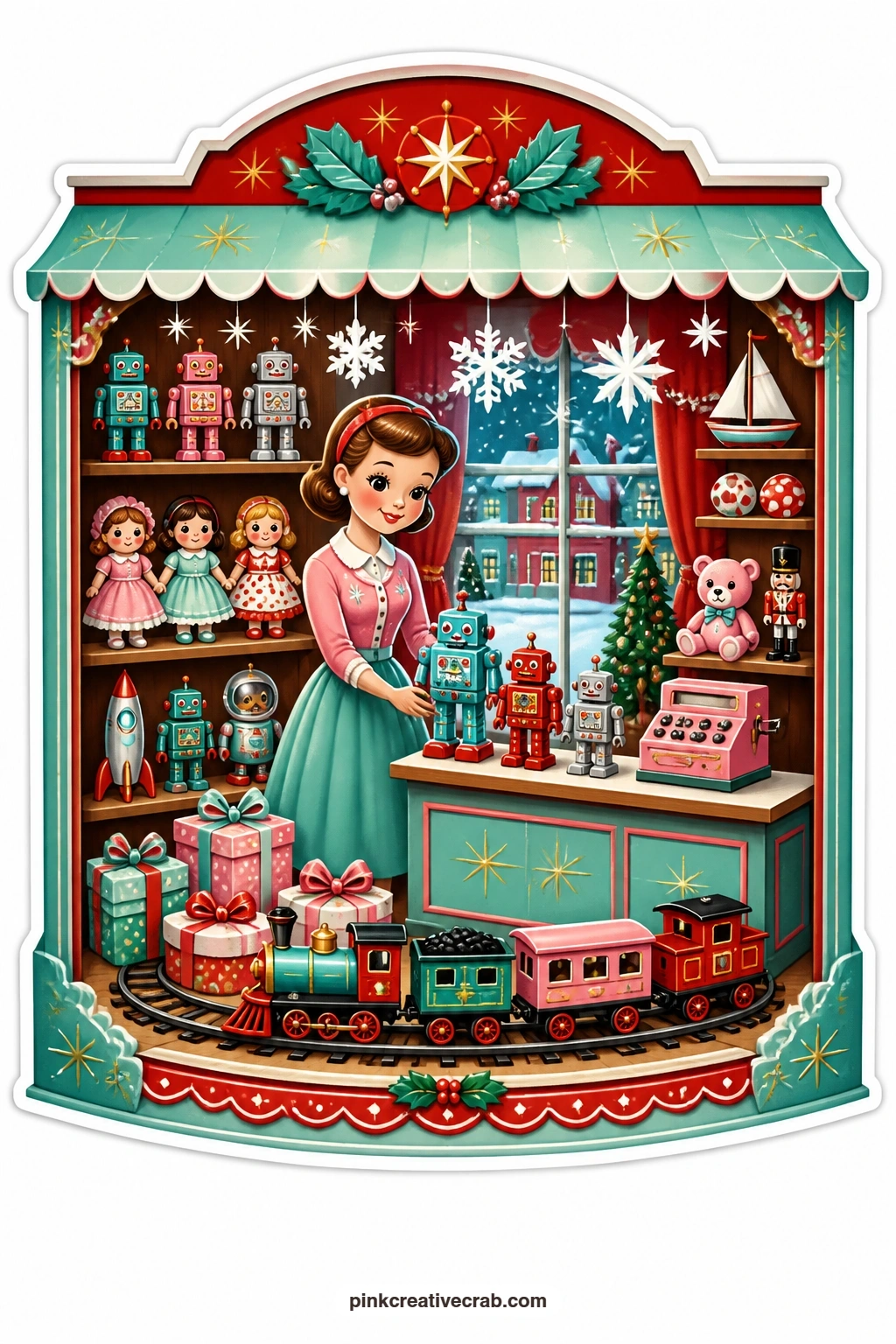 The Toy Shop Window printable page — fits a granddaughter's junk journal spread about old toy shops, with a shopkeeper lady arranging tin robots and dolls on