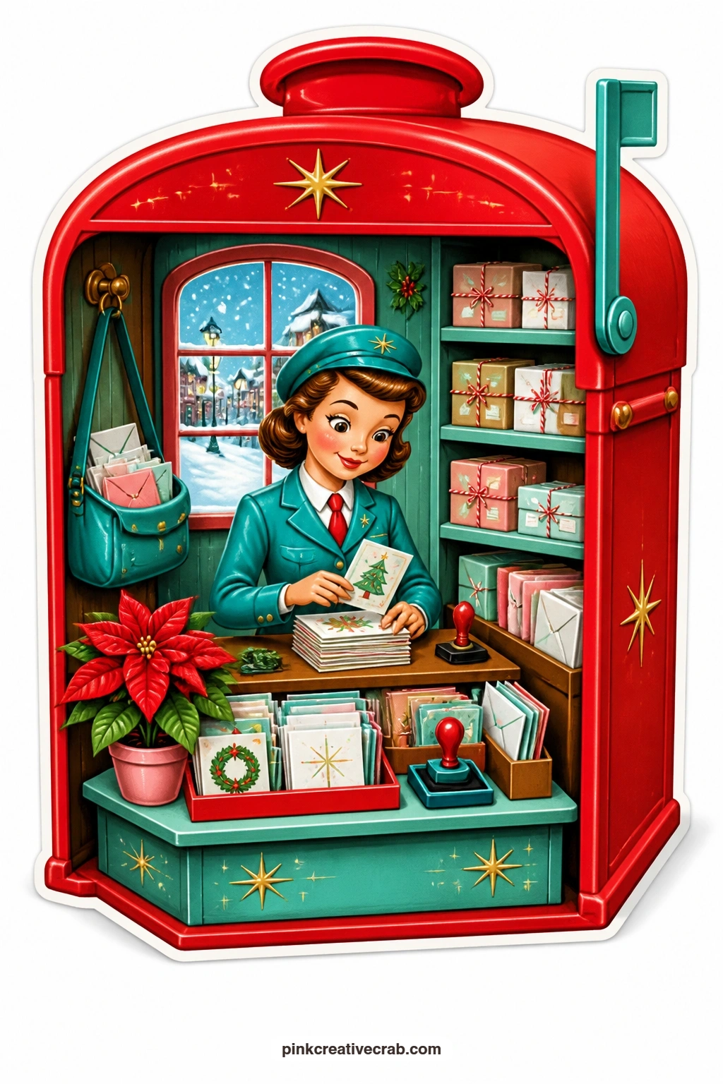 The Mailbox Sorting Room printable page — suits a card for the friend who always sends the first Christmas card of the season: a mailbox opened at the front