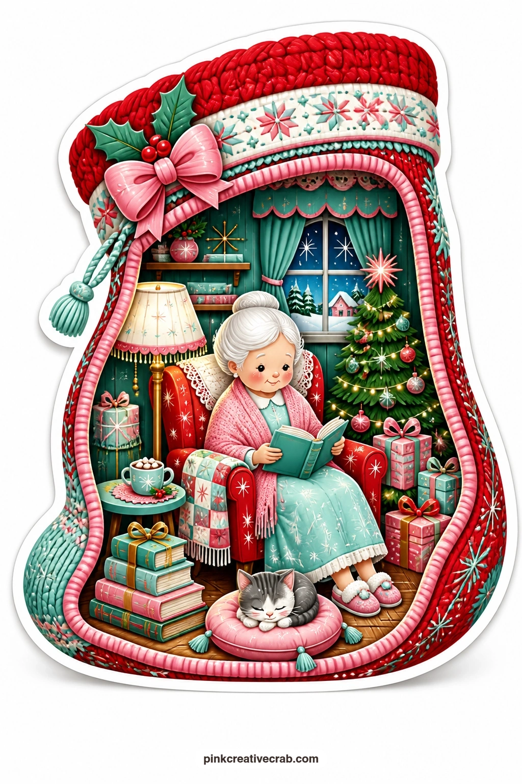 The Stocking Reading Nook printable page — anchors a cosy page in a vintage Christmas junk journal spread, the stocking opened like a little room where a