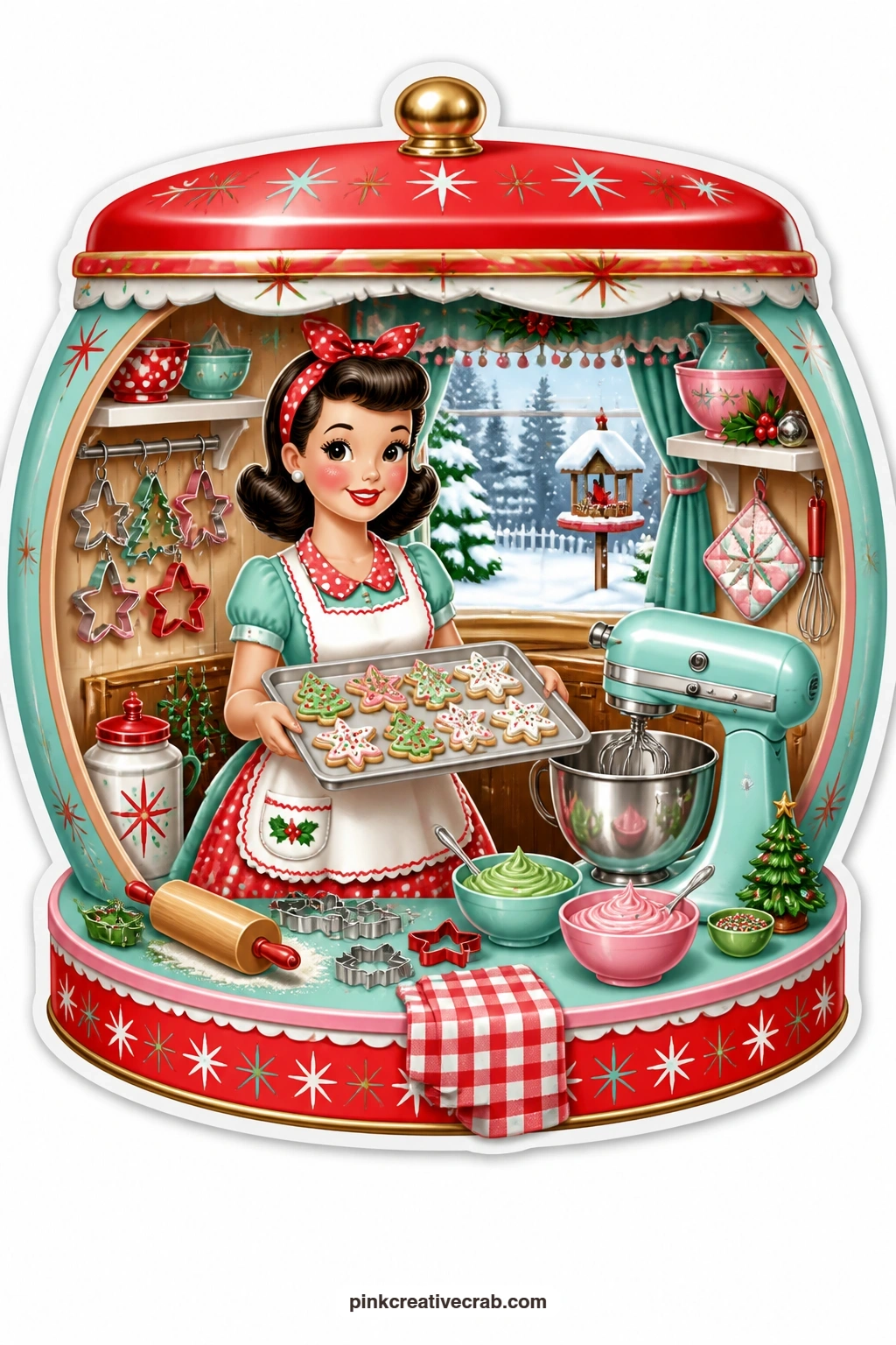 The Sugar Cookie Tin printable page — gives a housewife holding a full tray of sugar cookies beside her stand mixer, the whole scene framed inside a classic