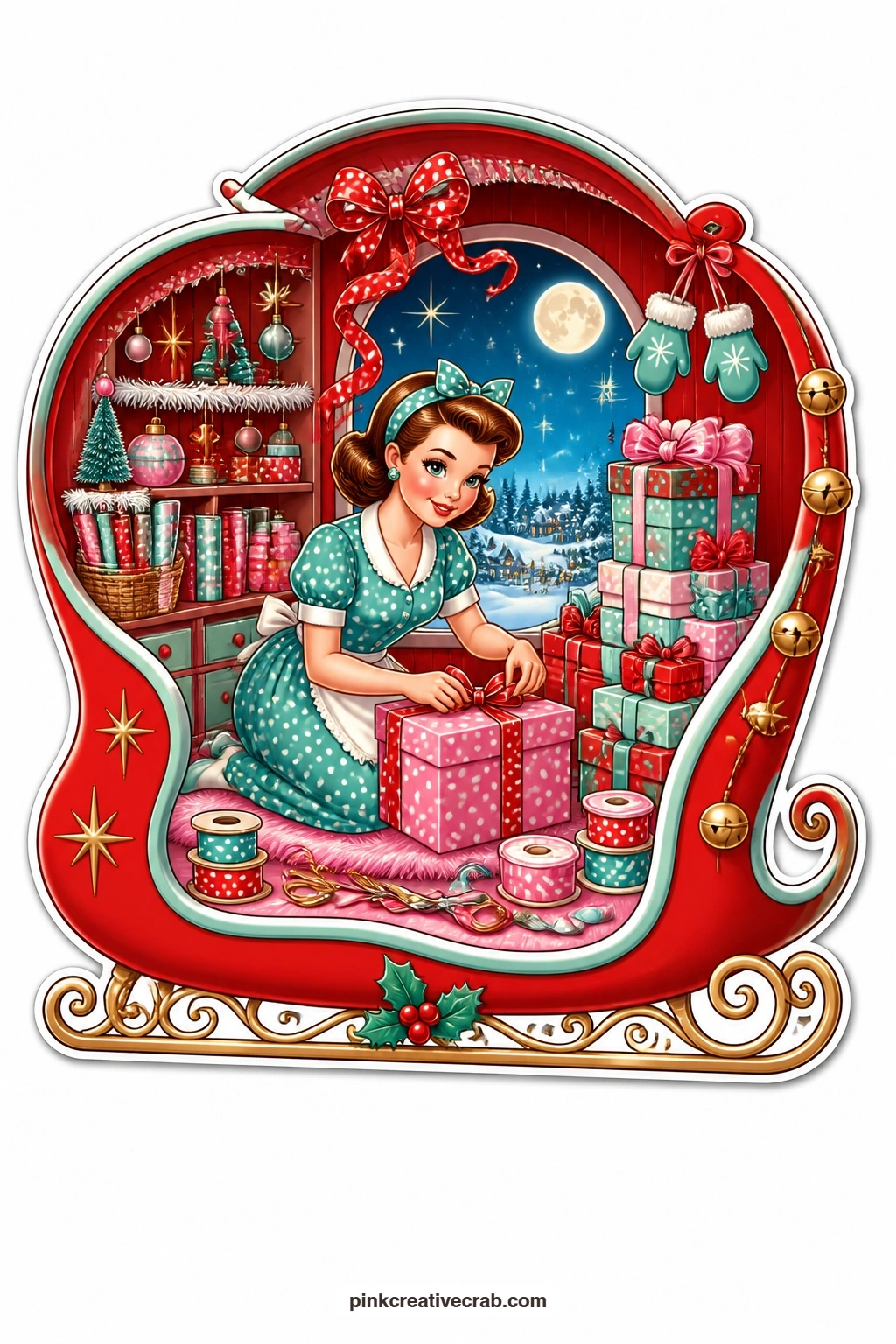 The Sleigh Wrapping Room printable page — works as the quick five-minute card option too: a sleigh-shaped room holds a lady wrapping gifts in polka-dot paper