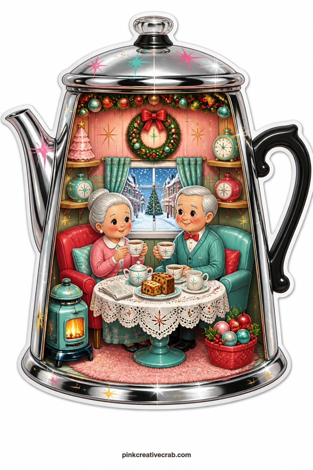 The Percolator Fireside Chat printable page — suits a card for a couple celebrating together, an elderly pair sharing coffee and fruitcake inside a percolator