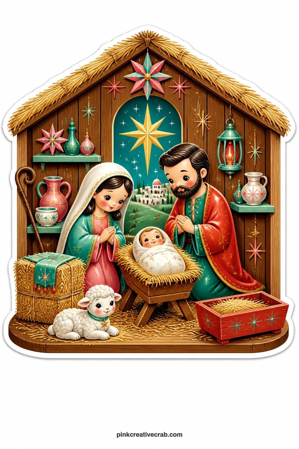 The Nativity Stable printable page — brings the faith side of the season into the set: a straw-roofed stable box holds Mary and Joseph as 1950s ceramic