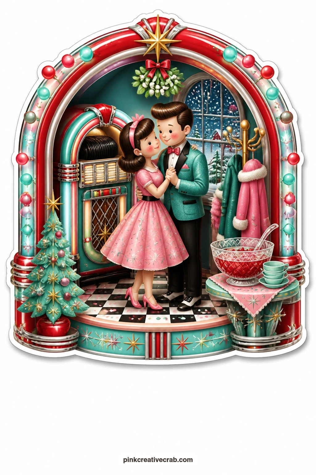 The Jukebox Mistletoe Dance printable page — pairs naturally with the skating pond scene above, since both show couples caught mid-dance, this time a jukebox