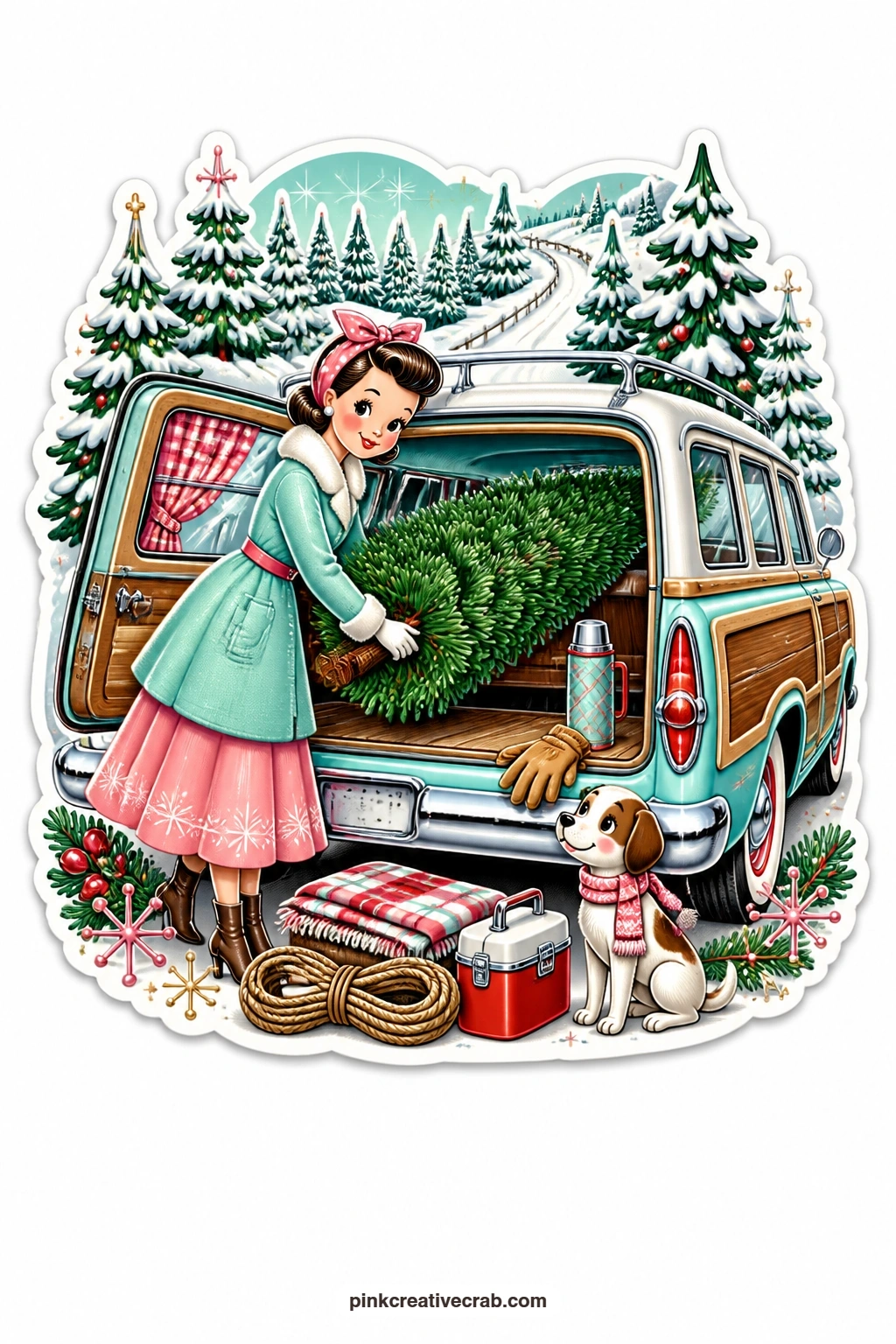 The Station Wagon Tree Run printable page — opens at the side rather than the front, showing a housewife loading a fresh-cut Christmas tree into the back while