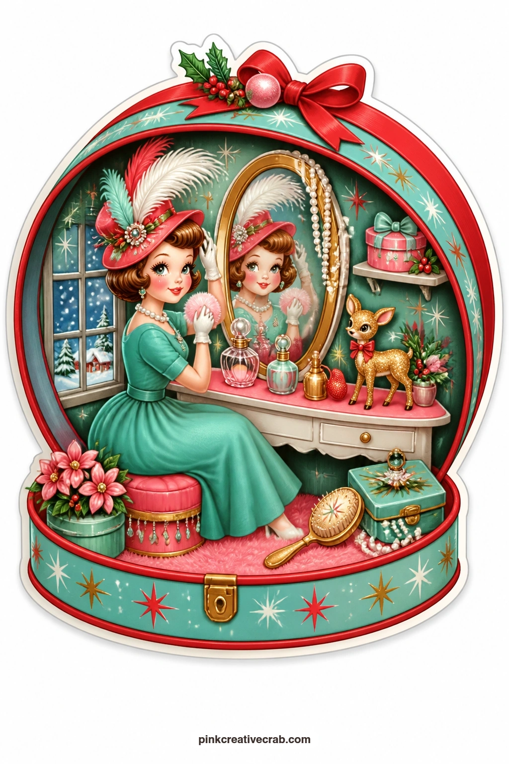 The Hat Box Vanity printable page — gives a lady trying on a feathered holiday hat at her vanity mirror, a glitter-dusted deer figurine watching from the shelf