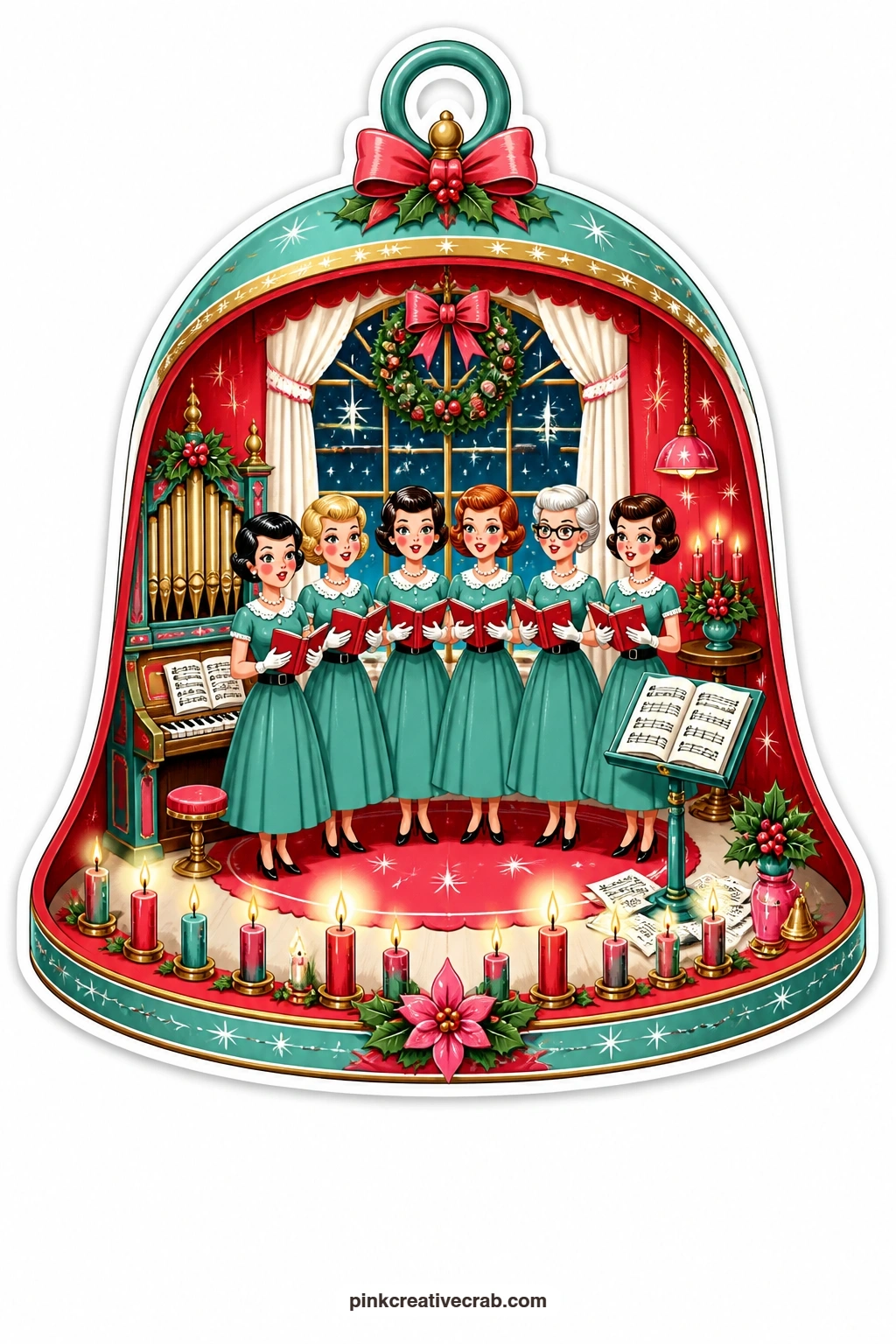 The Bell Choir Room printable page — calls for a choir of ladies singing together from hymn books inside a bell-shaped room lit by candles, with a wide starry