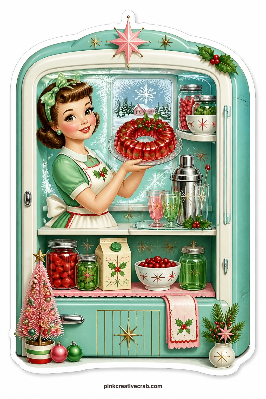 The Refrigerator Jello Mold printable page — offers a playful detail to color by hand, the bright wreath-shaped jello mold a housewife lifts straight from a