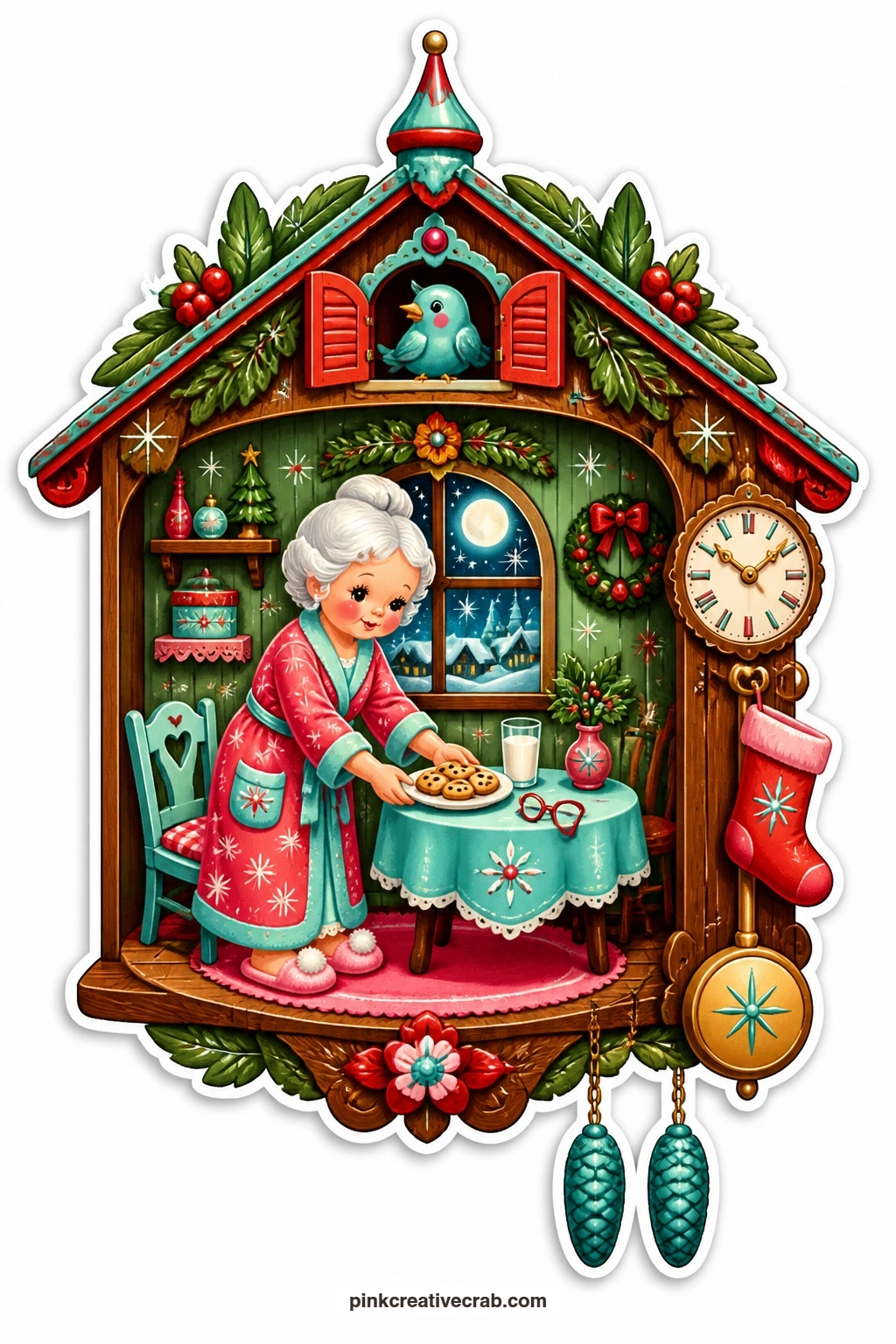 The Cuckoo Clock Cookie Plate printable page — closes the set with a grandma setting out a plate of cookies for Santa inside a cuckoo clock opened at the