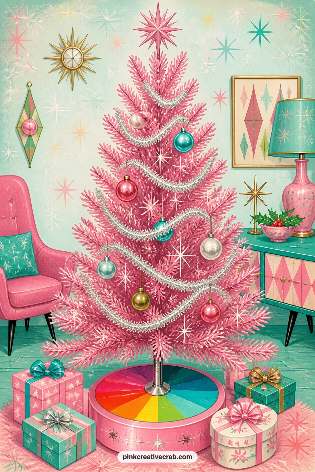 Pink Aluminum Tree Under A Color Wheel printable page — Sliding color wheel light sweeps pink, aqua and gold across the shimmering branches, turning one tree