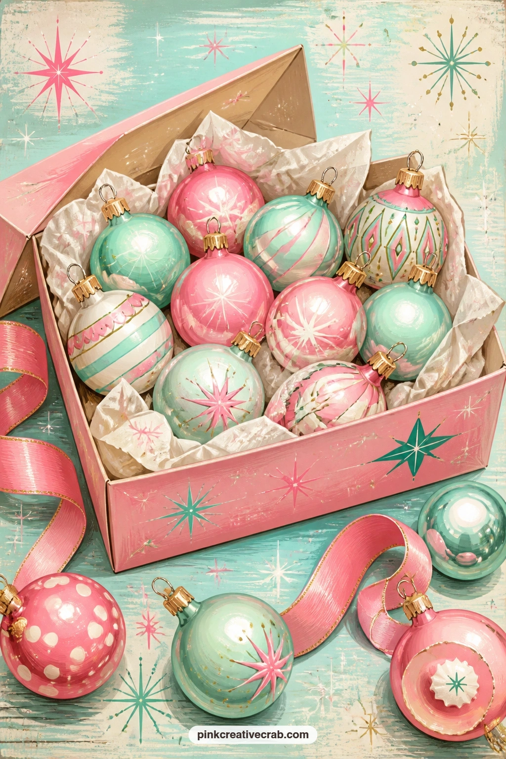 Box Of Pink And Mint Glass Ornaments printable page — Nestled in tissue paper inside an open box sit a dozen pink and mint glass balls with gold caps, a few
