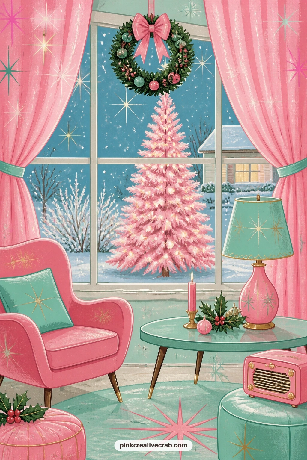 Pink Flocked Tree In A Picture Window printable page — Pair this page with the pink candy stripe background paper behind it as a pocket, so a hidden holiday