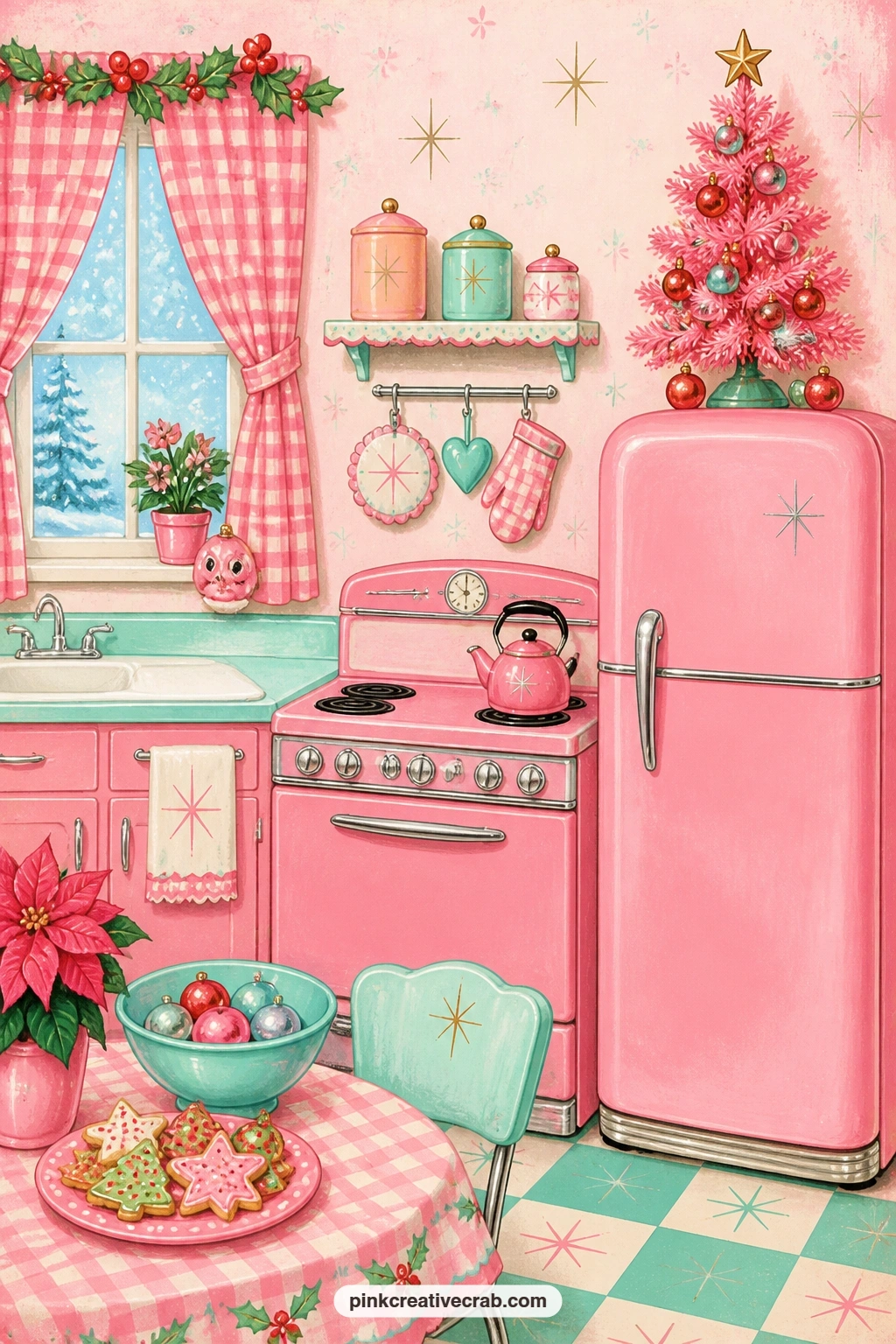 Pink Kitchen With A Tiny Tree On The Refrigerator printable page — Checked curtains, a pink stove and a tiny tree balanced on top of the pink refrigerator turn