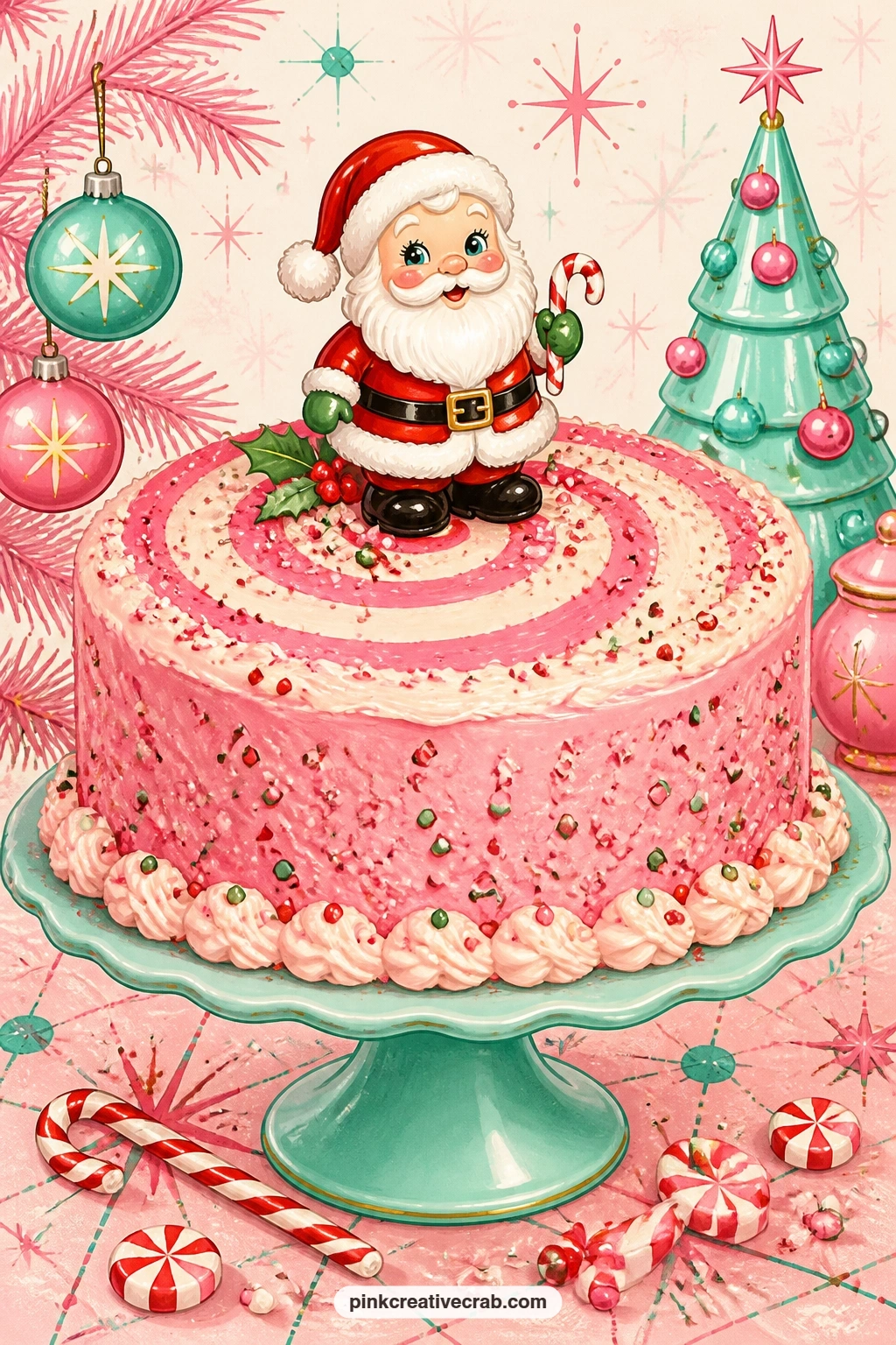 Pink Peppermint Cake With A Ceramic Santa printable page — Frosted in pink peppermint swirl with a ceramic Santa figurine perched on top, this cake sits ready