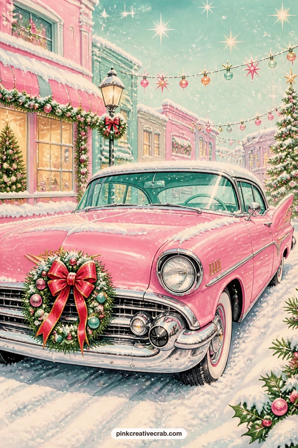 Pink Tail-Fin Car With A Wreath On The Grille printable page — Parked under falling snow, this pink tail-fin car wears a wreath on its grille like a corsage