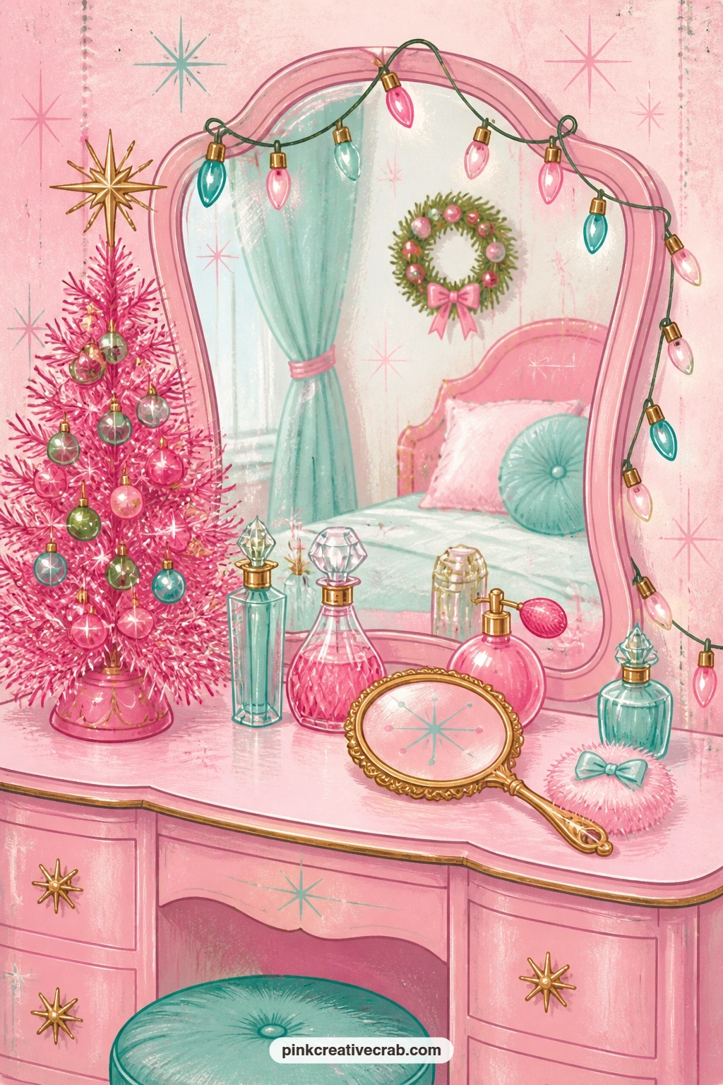Vanity Table With A Tinsel Tree And Perfume Bottles printable page — A small pink tinsel tree stands among perfume bottles and a hand mirror on a vanity table