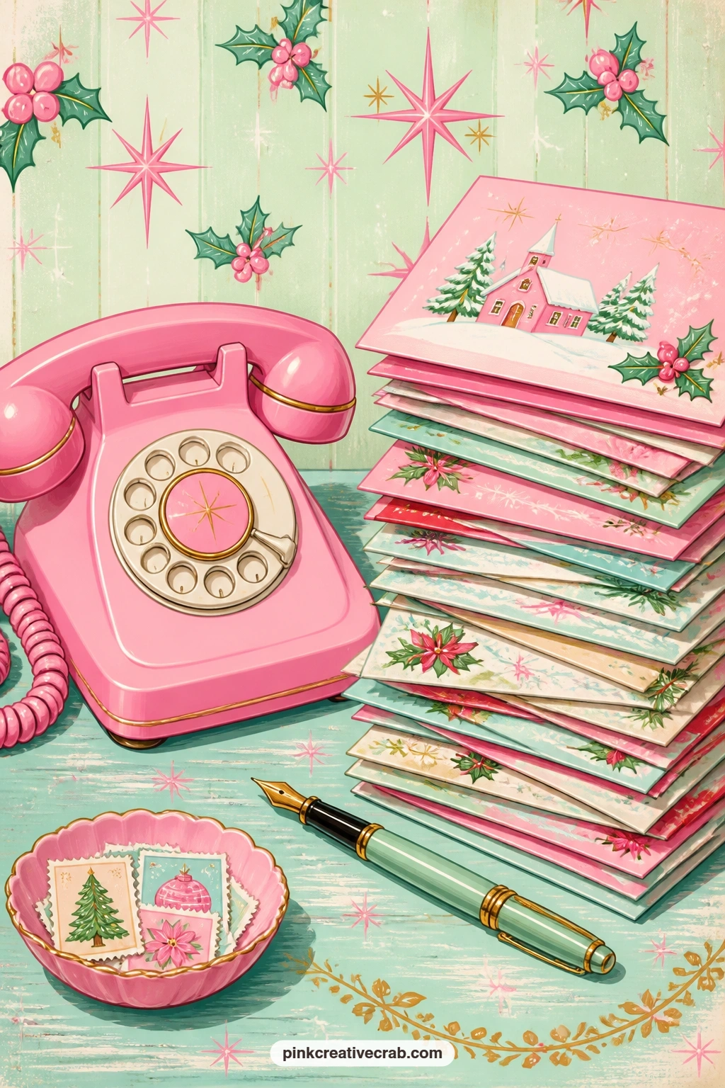 Pink Telephone Beside A Stack Of Christmas Cards printable page — Who gets the first call this year, and what does the card on top of the stack say inside, the