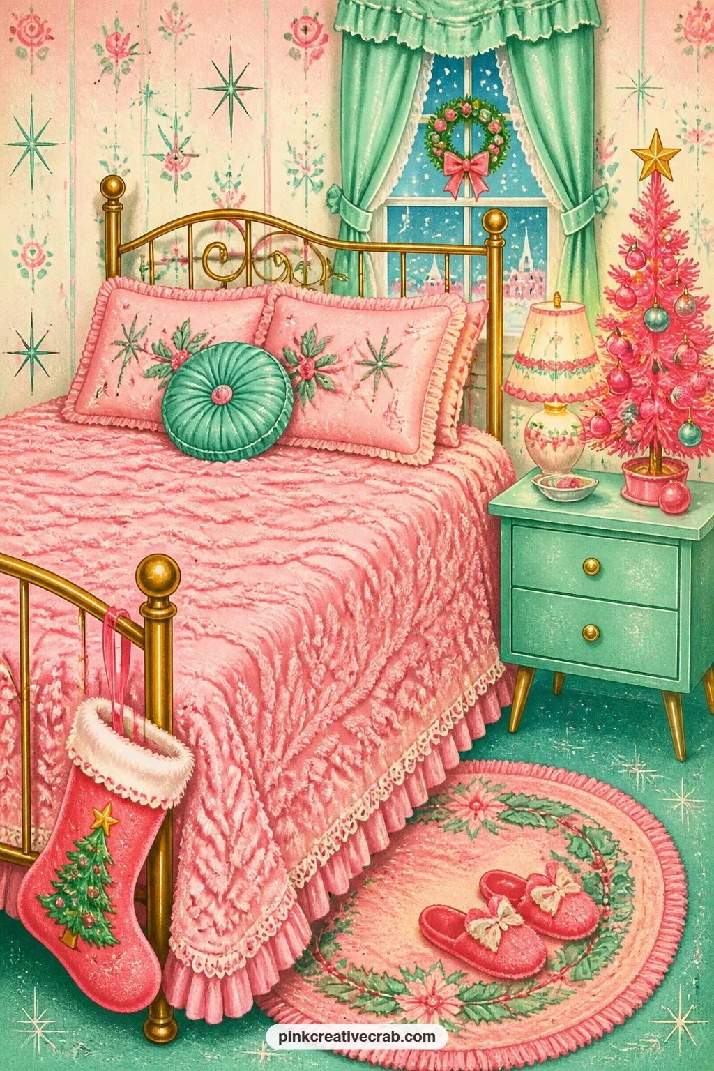 Bedroom With A Pink Chenille Bedspread printable page — Tear the edge of this page roughly before gluing it in, so the soft chenille texture of the bedspread
