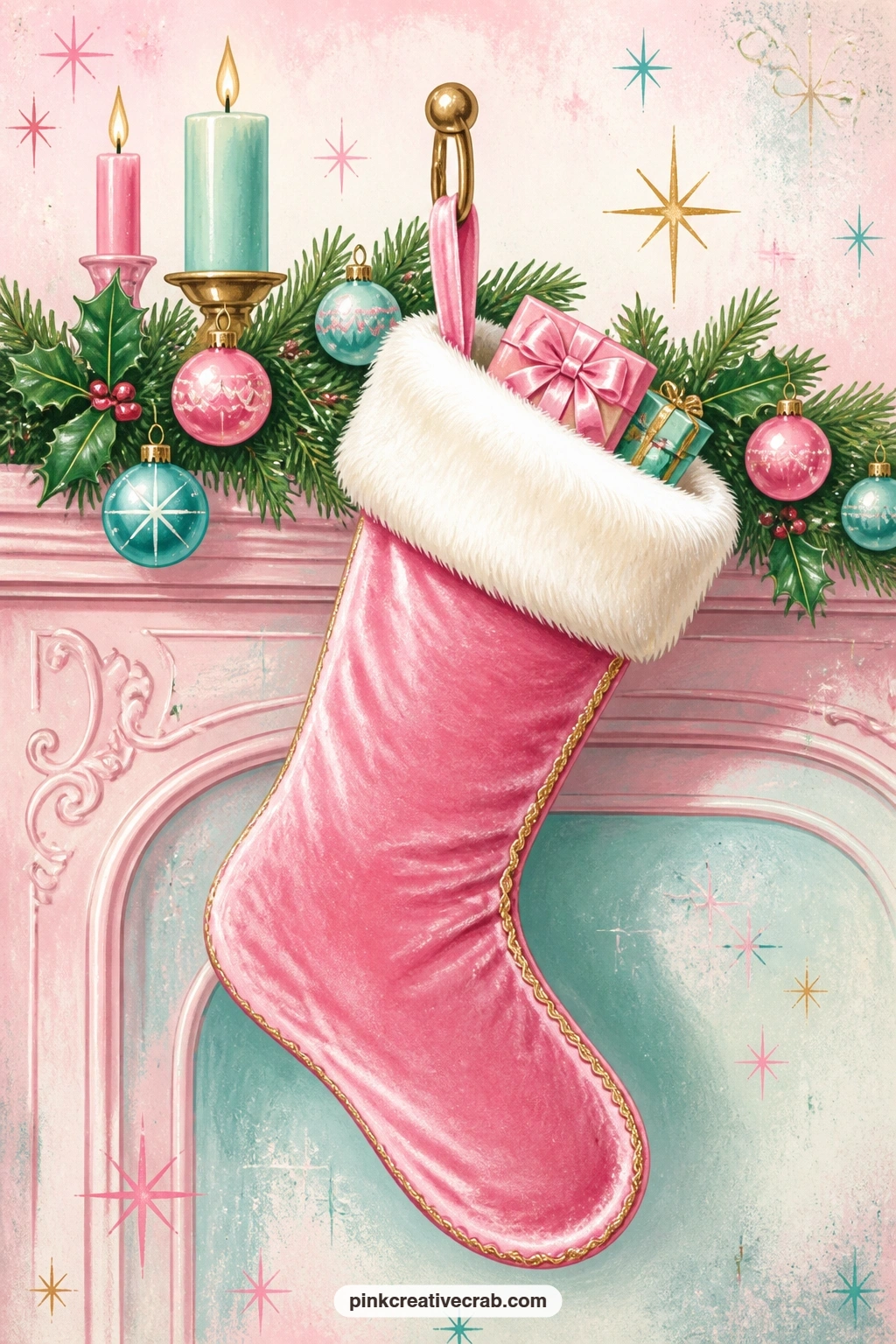 Pink Velvet Stocking With A Fur Cuff printable page — A pink velvet stocking with a white fur cuff hangs from a mantel hook, embroidered with a name in gold