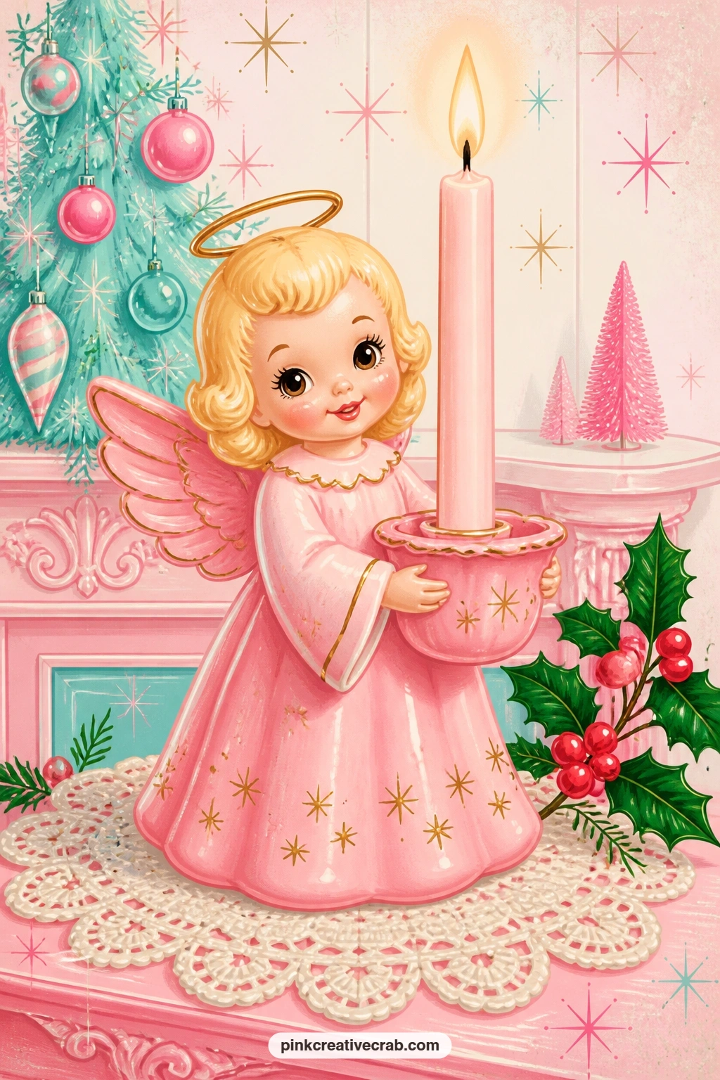 Pink Ceramic Angel Candle Holder printable page — Beginners can simply color the halo and candle flame gold and leave the rest as printed, while more confident