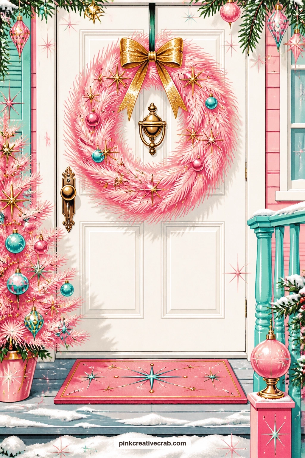 Pink Feather Wreath On A White Door printable page — Place this page across from the pink tail-fin car scene, so one spread reads like an arrival: the car
